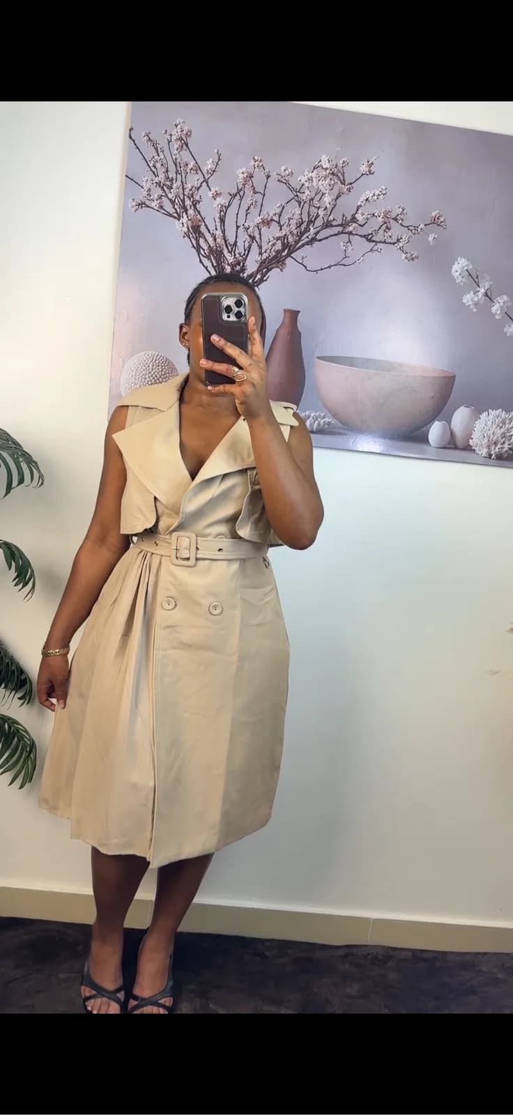 Beige Belted Sleeveless Trench Coat Dress
