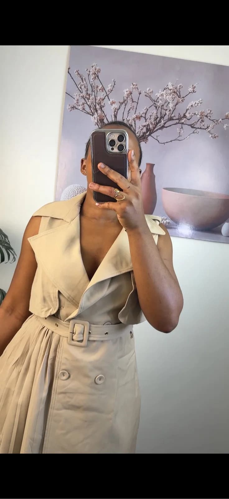 Beige Belted Sleeveless Trench Coat Dress