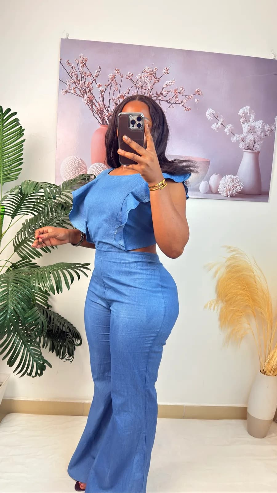 Blue Ruffle Flare-Leg Jumpsuit