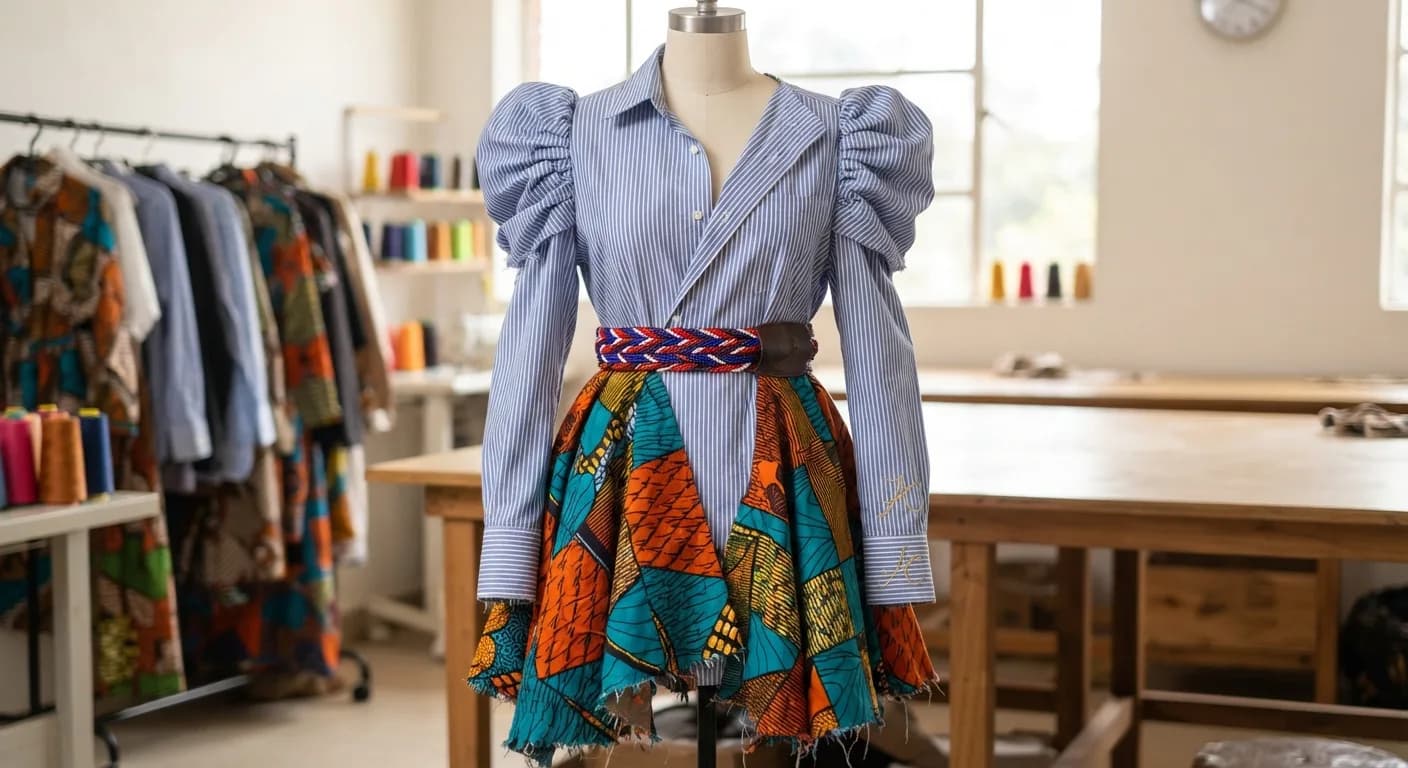 Striped Puff-Sleeve Shirt Dress with Patchwork Print Skirt and Braided Belt