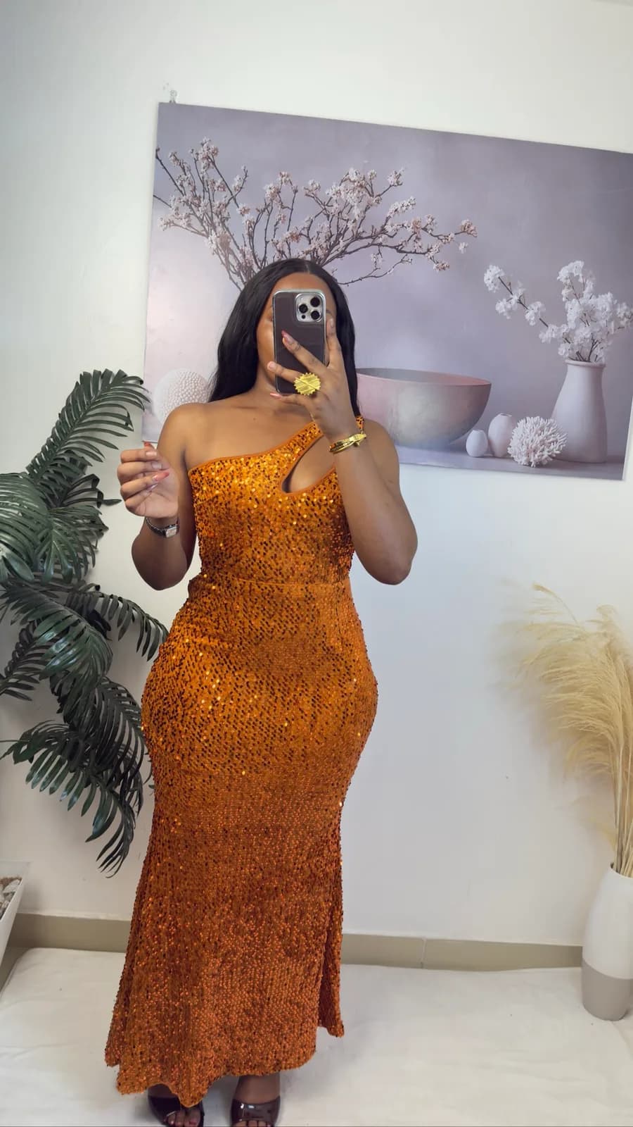 Burnt Orange Sequin Cut-Out Maxi Dress
