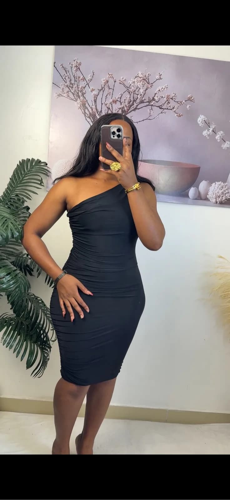 Black One-Shoulder Ruched Midi Dress