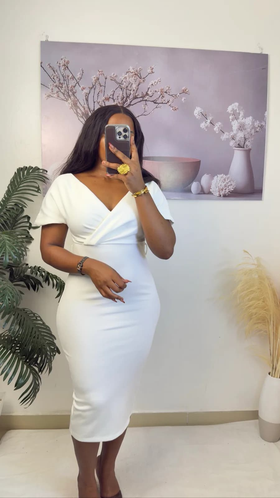 White V-Neck Bodycon Midi Dress