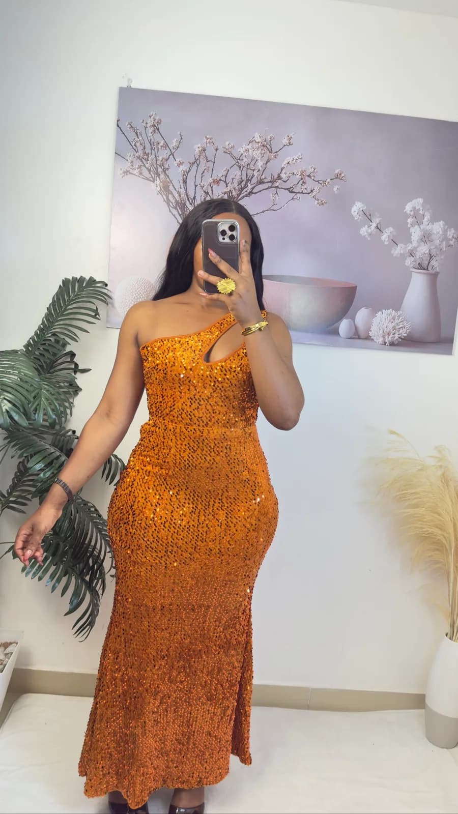 Burnt Orange Sequin Cut-Out Maxi Dress